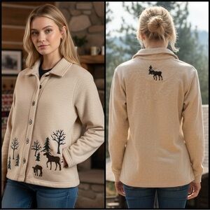 Breckenridge Cardigan with Moose Pine Trees Vintage Beige Fleece